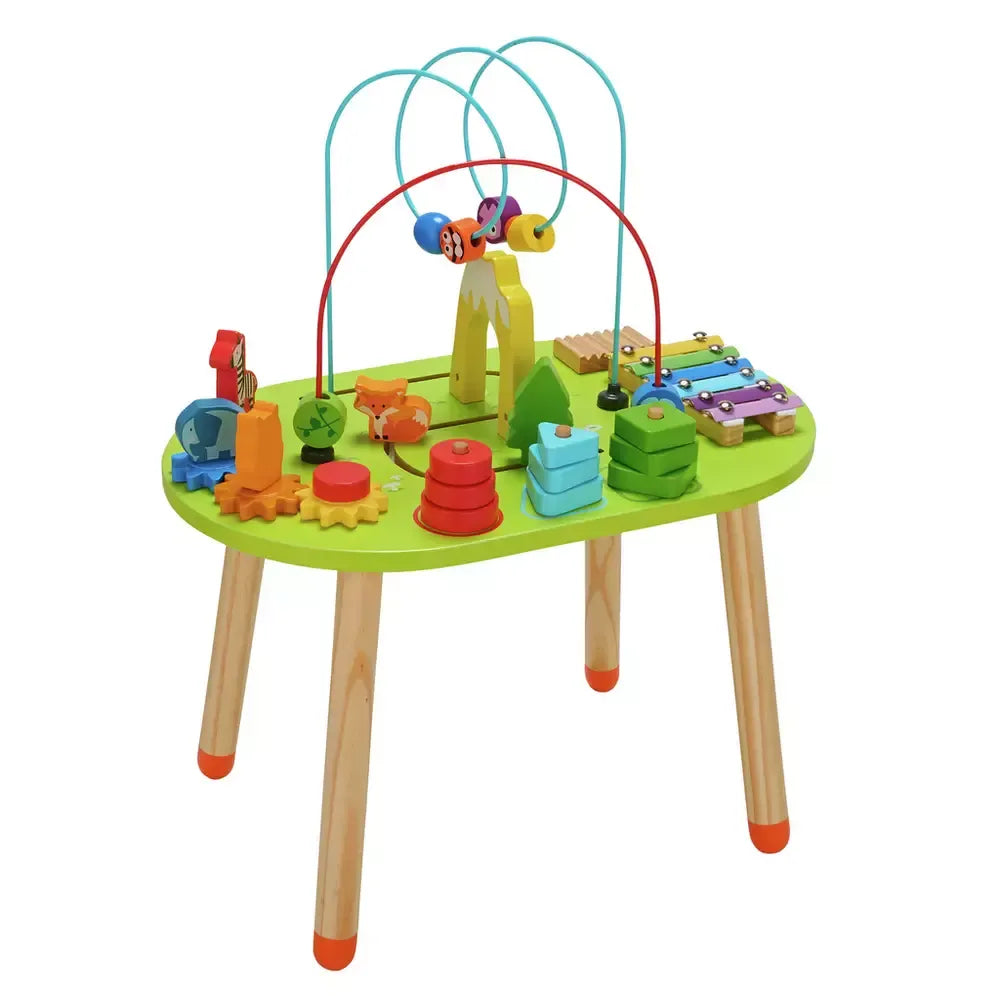 Chad Valley Wooden Activity Table with Bead Maze, Xylophone & Shape Sorting Toys