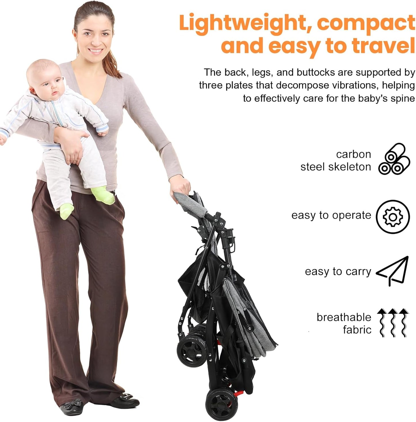 Compact One-Hand Fold Baby Stroller – Grey