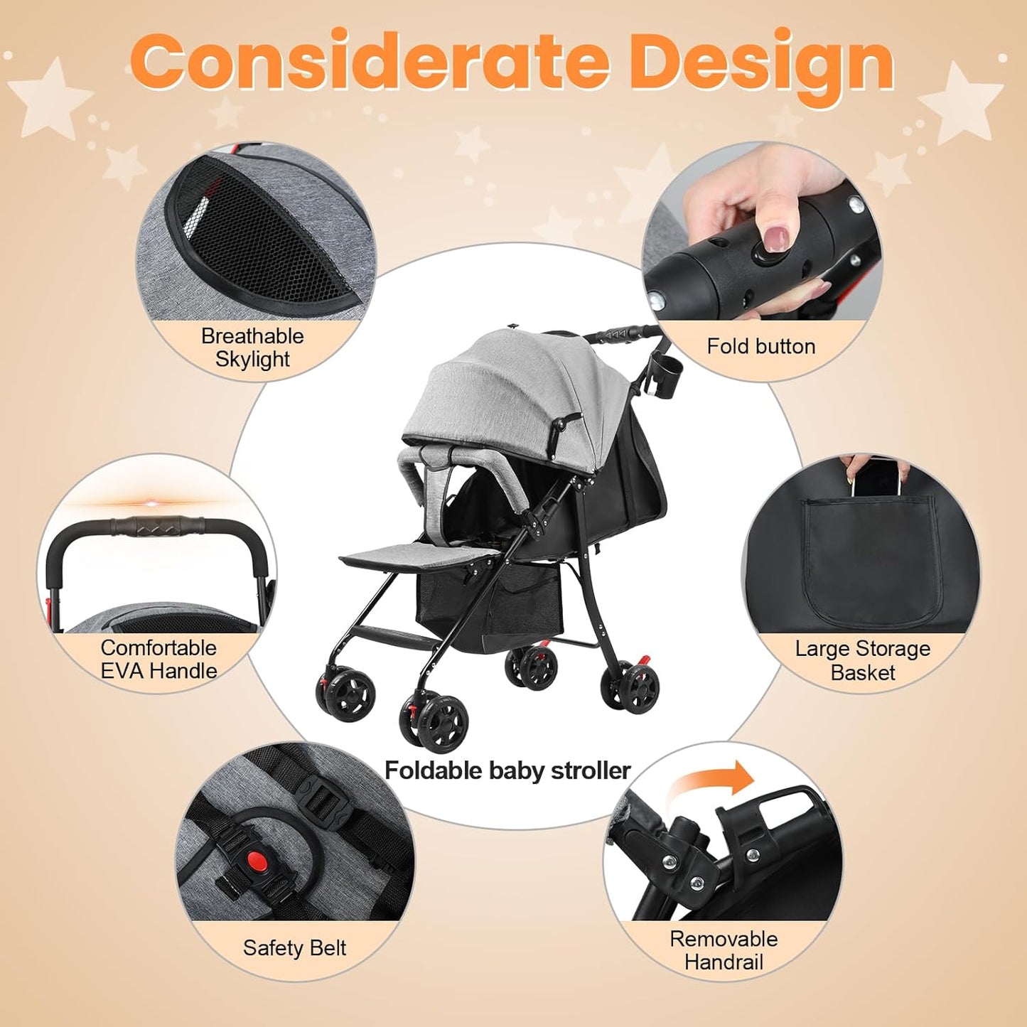 Compact One-Hand Fold Baby Stroller – Grey