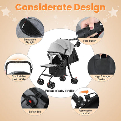 Compact One-Hand Fold Baby Stroller – Grey