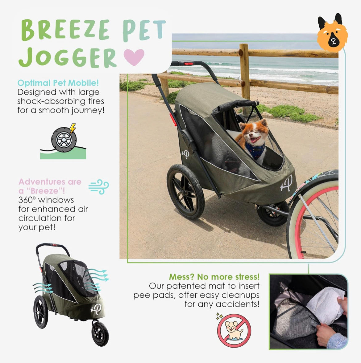 Petique Breeze Pet Jogger Stroller incl. Free Rain Cover & Bike Adapter