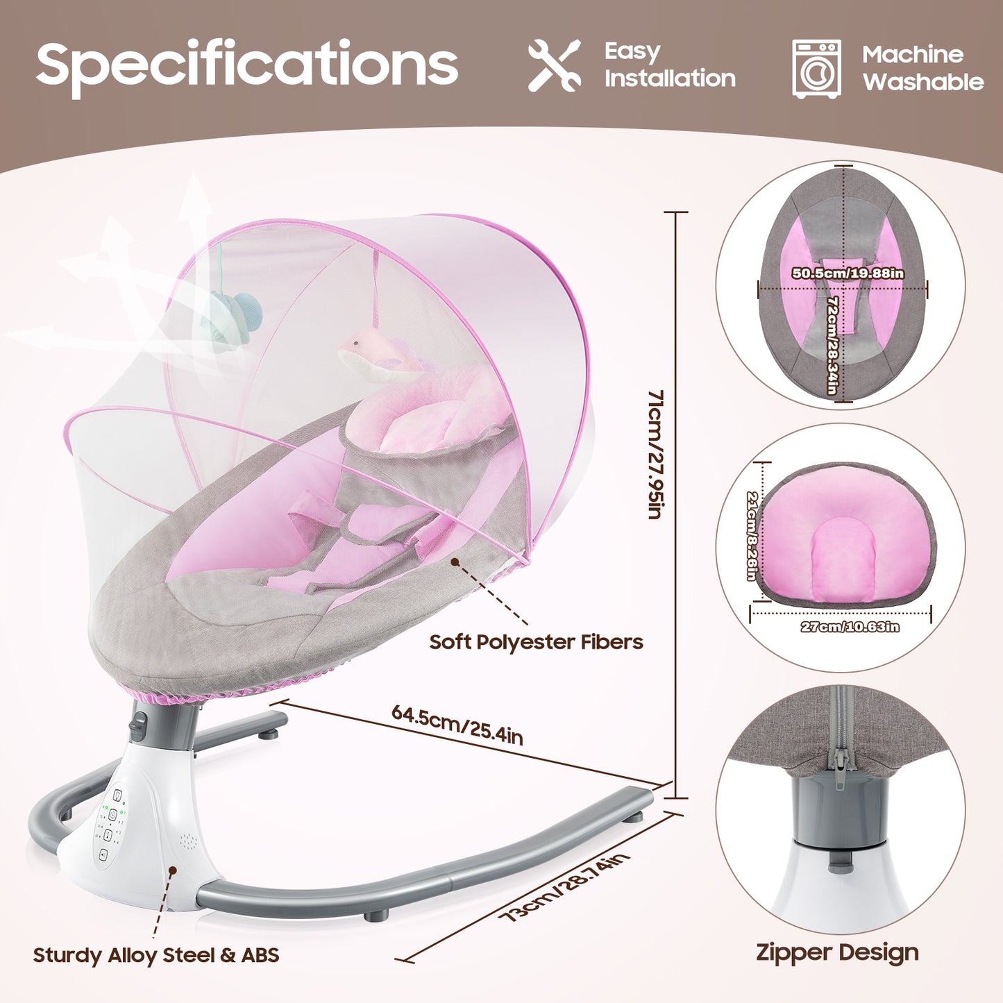 Infant baby swing with 4 speeds, 12 lullabies, 3-point harness and remote control