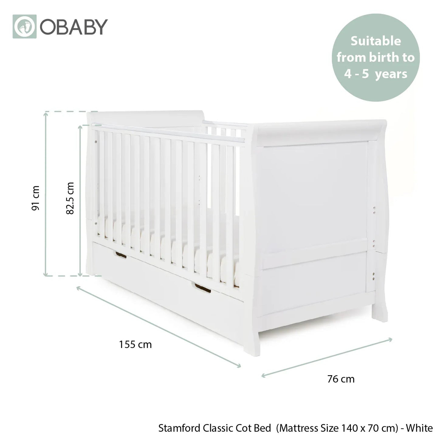 Obaby Stamford Classic Sleigh Cot Bed - White