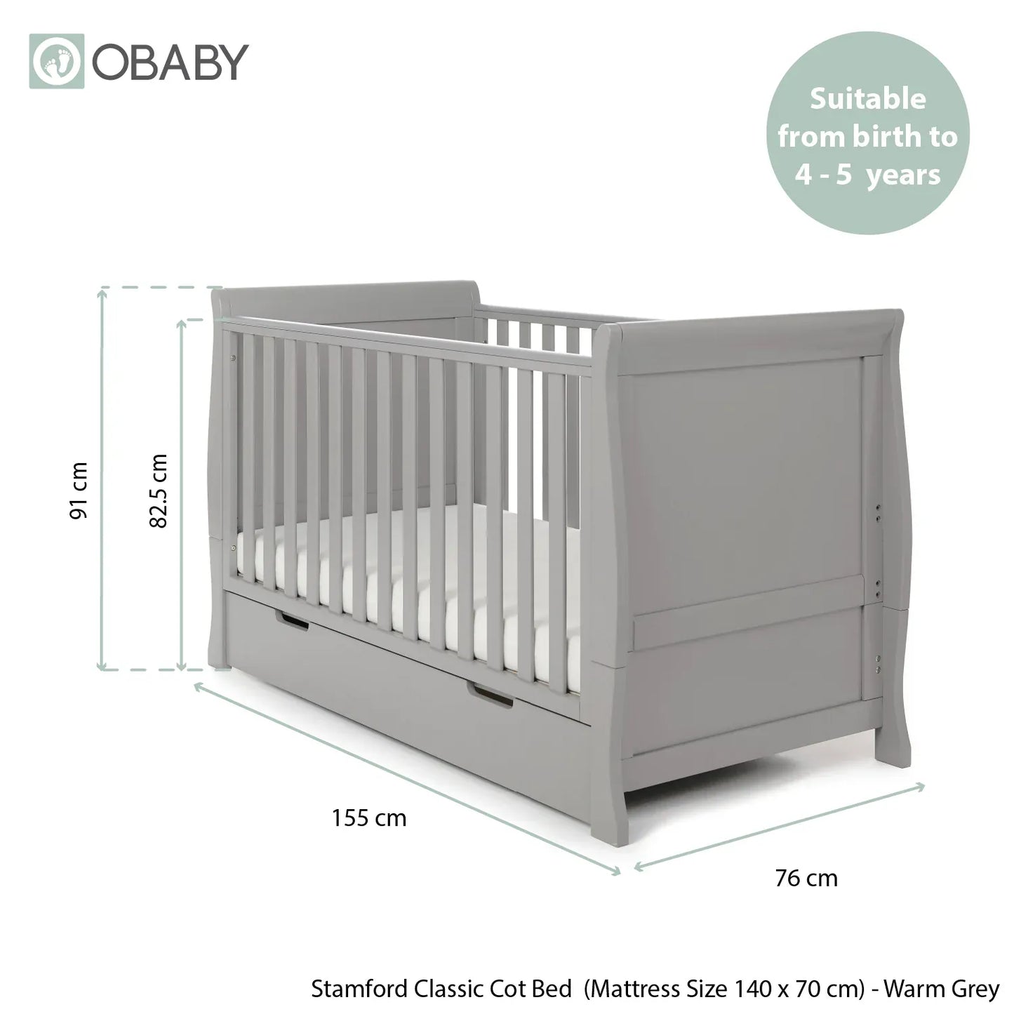 Obaby Stamford Classic Sleigh (2 Piece) Room Set - Warm Grey