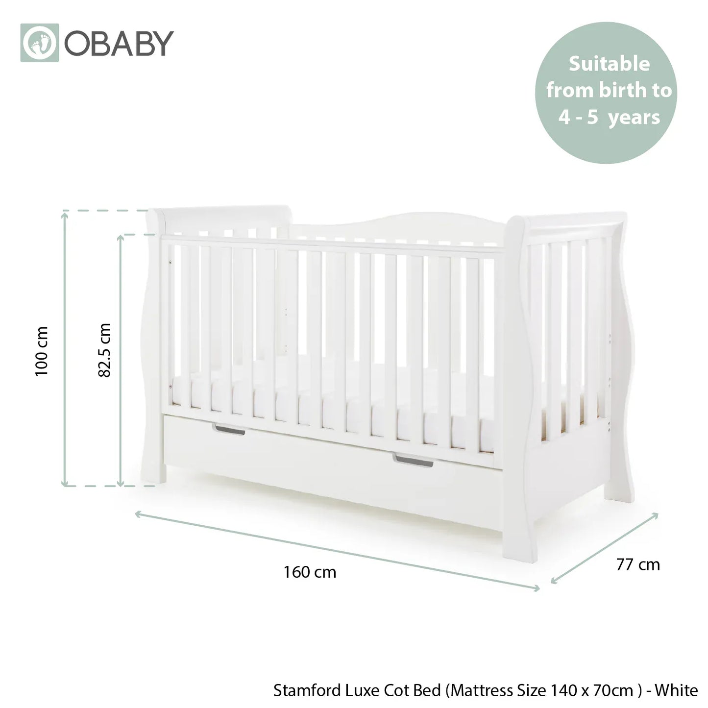 Obaby Stamford Luxe Sleigh (3 Piece) Room Set - White