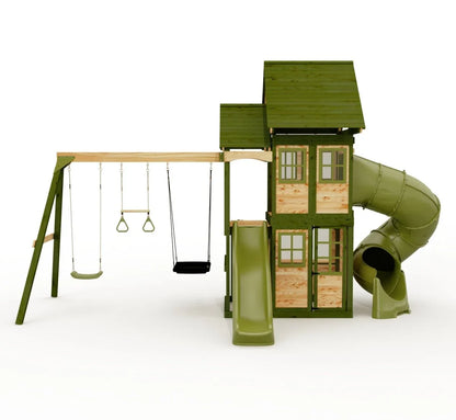 Rebo Wildwood Warren Tower Playhouse with Triple Swing & Dual Slides