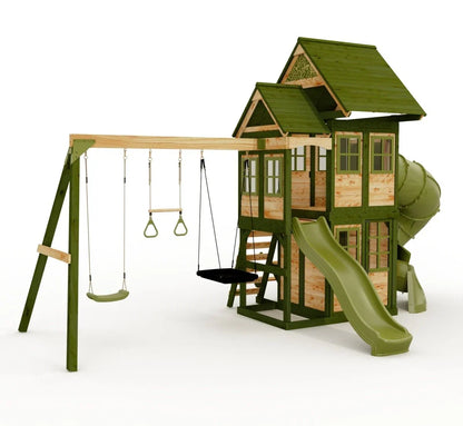 Rebo Wildwood Warren Tower Playhouse with Triple Swing & Dual Slides