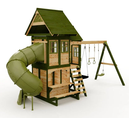 Rebo Wildwood Warren Tower Playhouse with Triple Swing & Dual Slides